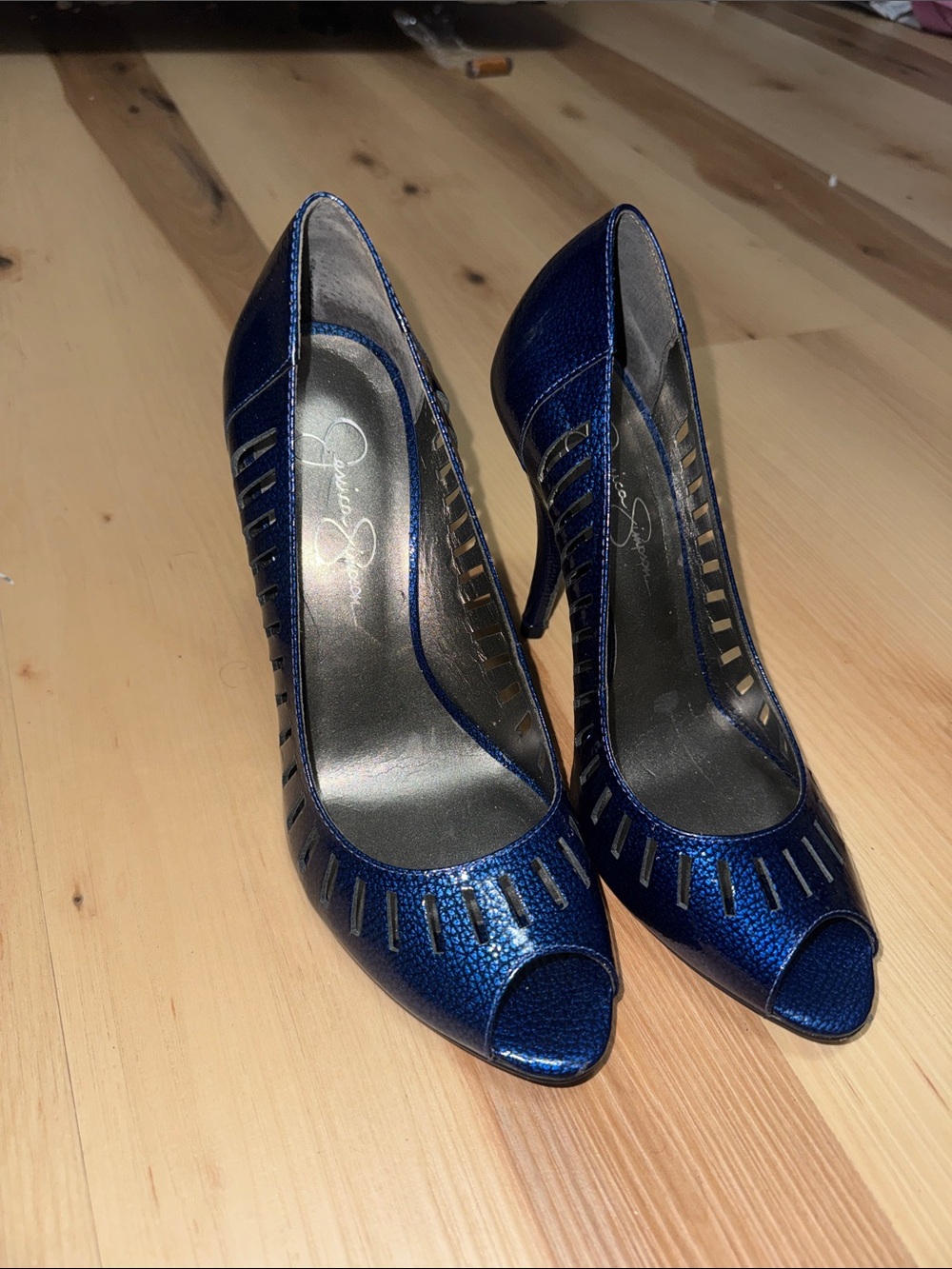 Jessica Simpson Blue Peep-Toe High Heels with Metallic Accents
